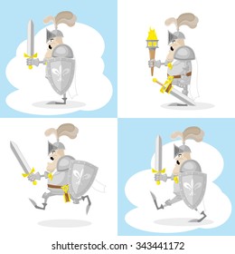 A set of vector shapes funny toy medieval knight in white cloak with sword and shield isolated on white background