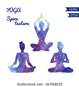 Set of vector shapes of yoga women with bright watercolor space texture. Collection of three girl silhouettes meditating  in lotus position - Padmasana. 
