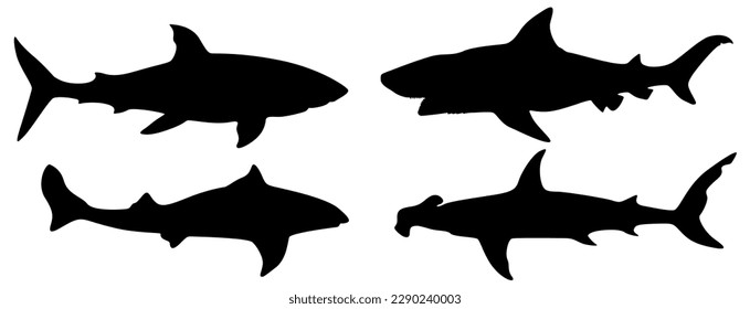 establecer la silueta negra de los tiburones Ilustración del vector aislada en blanco