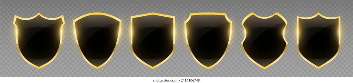 Conjunto de escudos vectoriales. Colección de escudo negro brillante con marco dorado. Pancarta con marco brillante. Señales de la placa