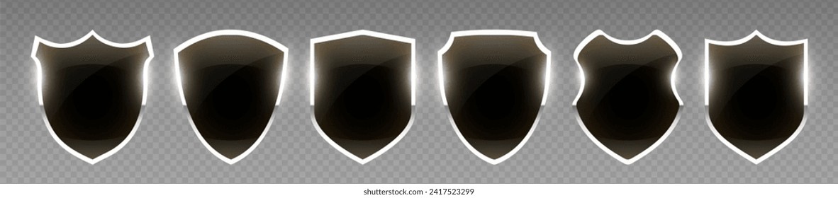 Set of vector shields. Black glossy shield collection with silver frame. Banner set with shiny frame. Board signs