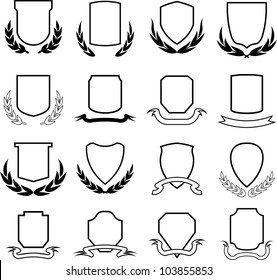Set of vector shields, coats of arms and laurel wreaths