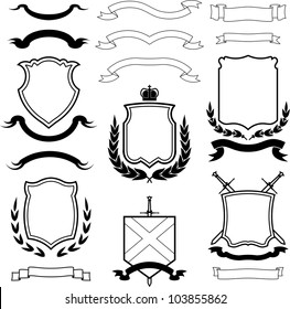 Set of vector shields, coats of arms and laurel wreaths