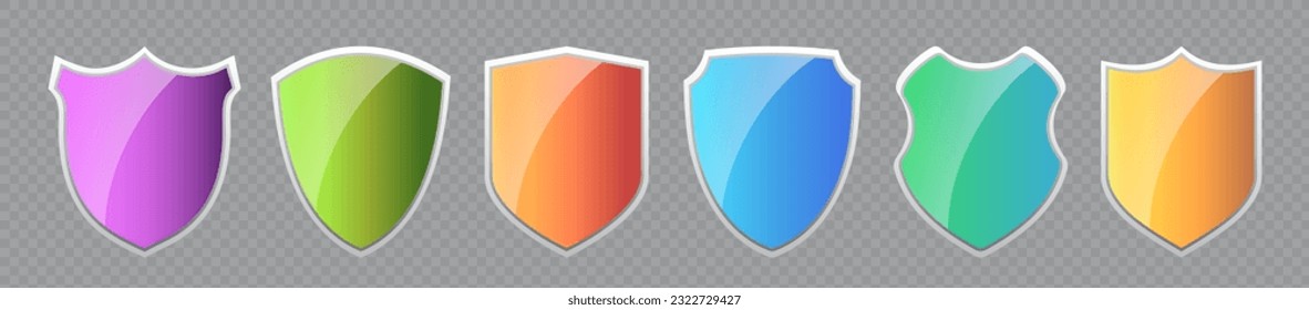 Conjunto de escudos vectoriales. Colorosa colección de escudos brillante con marco plateado. Ilustración aislada de EPS10 en fondo transparente