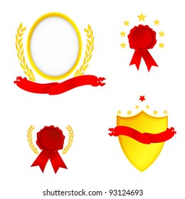Set of vector shields, red ribbons and golden laurel wreaths. Isolated On White Background.