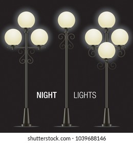 Set of vector shining street lamps. Vector lampposts with ball heads shining at night, isolated on a black background.
