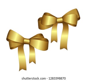 Set of Vector Shiny Golden Satin Gift Bow Close up Isolated on White Background.Concept for invitation, banners, gift cards, congratulation or website layout vector.