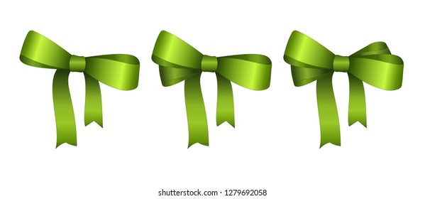 Set of Vector Shiny Green Satin Gift Bow Close up Isolated on White Background. Concept for invitation, banners, gift cards, congratulation or website layout vector.