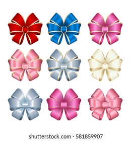 Set of Vector Shiny  Satin Gift Bow  Isolated on White Background.