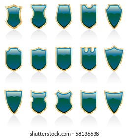 set of vector shiny shields with landscape reflection