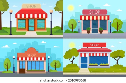 Conjunto de edificios vectoriales en el paisaje urbano. Ilustración de la fachada de la tienda exterior.
