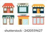 Set of vector shop buildings. Exterior store facade icon isolated on white background.