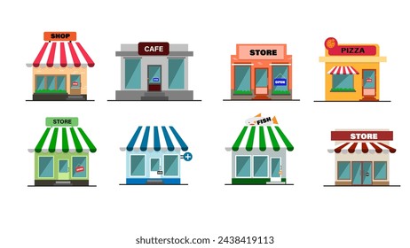 Set of vector shop buildings isolated on white background.