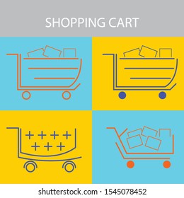 Set of vector shopping cart icons on yellow and blue square floor. flat design vector.
