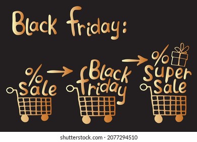 Juego de carritos de compras de vectores con imagen de cajas de regalo con letras Mejor precio, Super Venta. Cartel dibujado a mano, título o elemento de diseño en estilo plano doodle sobre el tema del Viernes Negro, compras, descuentos.
