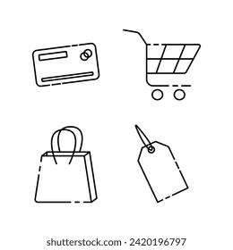 Set of vector shopping icons. Credit card, shopping bag, grocery cart, label.