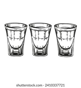 set of vector shot glasses for alcoholic drinks such as vodka and tequila, hand drawn sketch of shot glasses for strong alcohol, black and white inked illustration isolated on white background