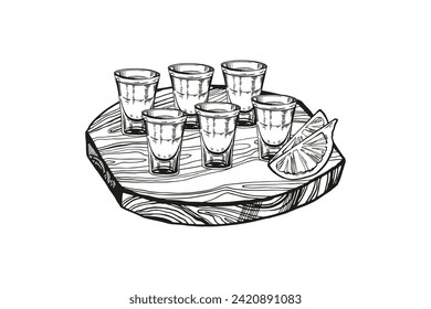 set of vector shot glasses for alcoholic drinks on wooden board and slices of lemon, hand drawn sketch of shot glasses for strong alcohol, black and white inked illustration isolated, white background