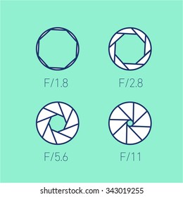 set of vector shutter or aperture in photography and camera linear icon and infographic | illustrations of gear and equipment for professional photographers and amateurs on green background