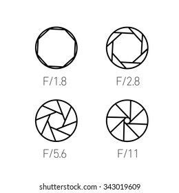 set of vector shutter or aperture in photography and camera linear icon and infographic | illustrations of gear and equipment for professional photographers and amateurs black on white background