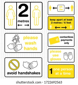 a set of vector sign graphics featuring social distancing and hygiene instructions