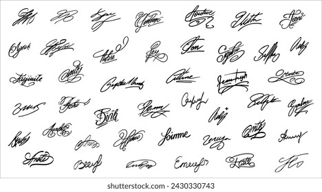 Conjunto de firmas vectoriales de autógrafo ficticio. Las firmas establecen ficticias firmas de contratos y autógrafos de negocios. Documento conjunto de firmas dibujadas a mano. Ilustración vectorial sobre fondo blanco.