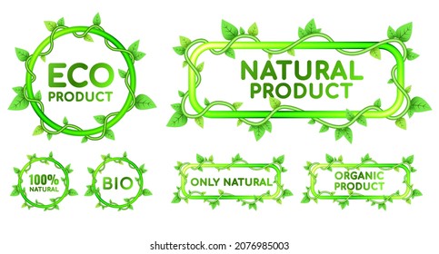 Set of vector signs, banners, label on the theme of ecology, natural product, vegetarianism, veganism, bio, cleanliness, freshness and greenery