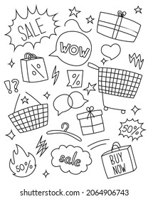 Set of vector signs for Black Friday. Sale, gift bag and shopping basket.