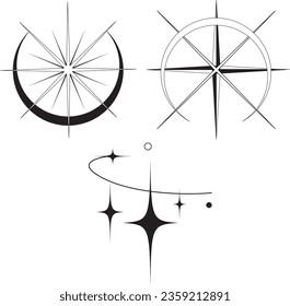 Set of vector signs. Black sparkling stars, decoration twinkle, compass icons