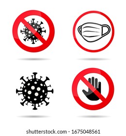 Establecer signos vectoriales que respiran mascarilla médica respiratoria, células peligrosas del coronavirus, no tocar.Firme coronavirus cauteloso.Detén el coronavirus. Brote de coronavirus. Fondo blanco aislado.