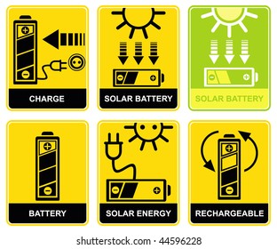 Set of vector signs - charge and recharge. Solar accumulator battery. Yellow and black icons. Pictograms.