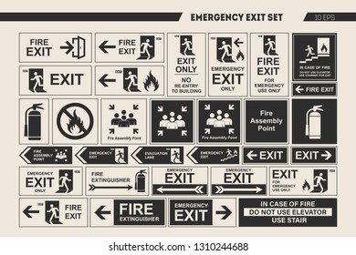 Set of vector signs of emergency exit and fire exit. Isolated vector illustration.