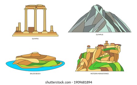 Set of vector signs of Greece or Greek natural monuments. Temple of Hera at Olympia and Olympus Mountain, Balos beach and lagoon, Meteora rock with monastery or monasteries. Europe landscape