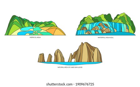 Set of vector signs of Mexican landscapes. Hierve el Agua mountains or rock formation, Agua Azul waterfall on Xanil river, Arch of Cabo San Lucas or El Arco. Mexico nature monuments, tourism