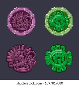 Set of vector signs symbol Aztecs Maya civilization. Maya culture animal and flower isolated icons.