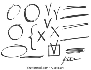 set of vector signs and symbols, manual drawing, arrows, circles, underline, selection