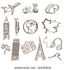 A set of vector signs for travel, vacation, Flying, tourism, leisure, free time, excursion, city life, European cities, France, Italy, french lifestyle, mediterranean life, jazz, club, sea