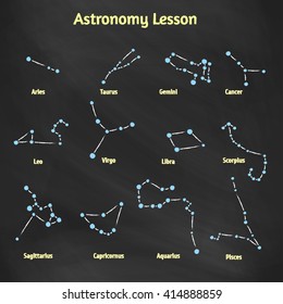 A set of vector signs of the zodiac. Collection constellations drawn on the blackboard with chalk Design elements for design of printed materials and websites on the subject of astronomy and astrology