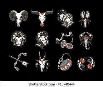 set of vector signs of the zodiac on a black background