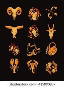 set of vector signs of the zodiac on a black background