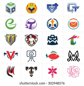 Set of vector signs/symbols and logos that can be used in different domains. Contain symbols like: sphere, cube, fish, digital camera, flower, rose, mail, shields, fighter, monster and letters