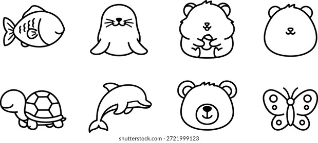 Un conjunto de animales de silueta de Vector, incluidos peces, pulpos, osos, tortugas, delfines y mariposas, con fines de diseño e ilustración.