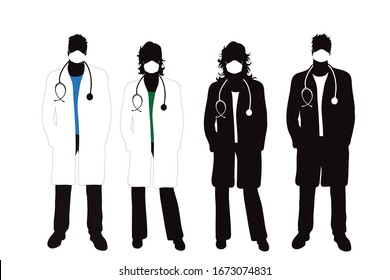 Set of vector silhouette of anonymous doctor with medical mask on white background. Symbol of healthy and sick. Danger of coronavirus.