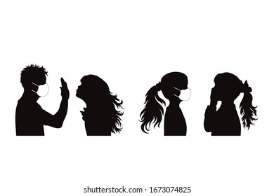 Set of vector silhouette of anonymous man show stop virus gesture with medical mask on white background. Symbol of healthy and sick. Danger of coronavirus.