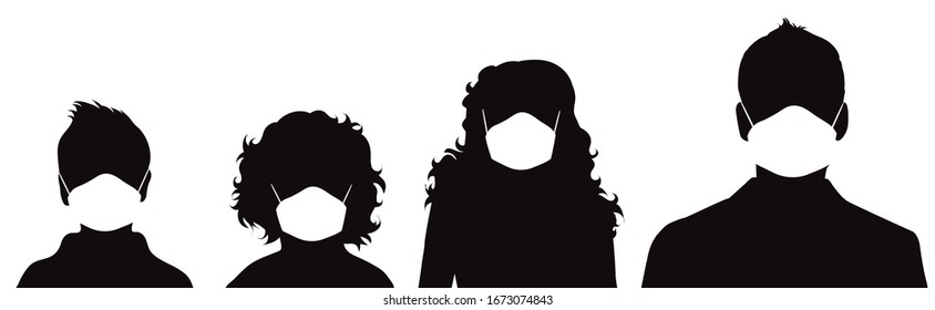 Set of vector silhouette of anonymous people with medical mask on white background. Symbol of healthy and sick. Danger of coronavirus.