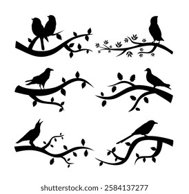 set of vector silhouette of a bird on a branch