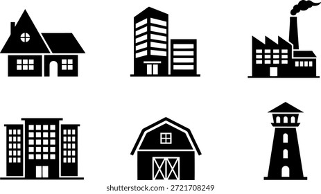 Eine Reihe von Vektorgrafik Silhouette Gebäude Design, einschließlich Stadt und ländlichen Architektur Symbole in einem Bündel