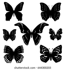 Set vector silhouette of a butterfly, different types, black color, isolated on white background