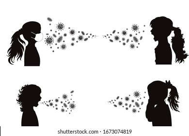 Set of vector silhouette of child scary of bacteria on white background. Symbol of disease and coronavirus.