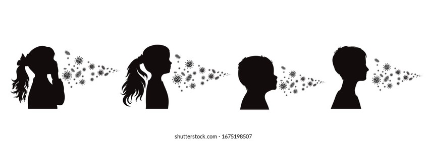 Set of vector silhouette of children spreading bacteria on white background. Symbol of disease and coronavirus.